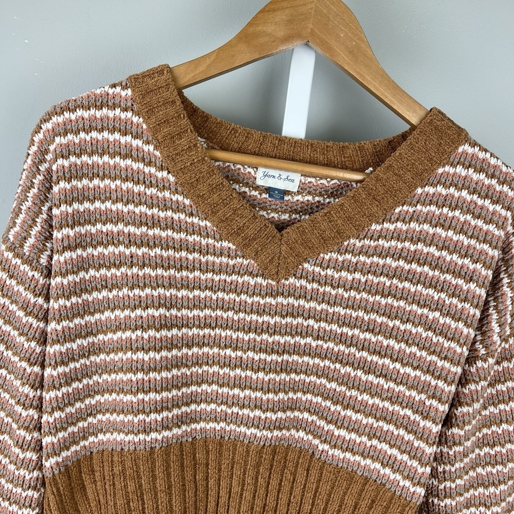 Yarn & Sea Cropped Sweater Womens S‎ Chenille Stripe Boho Coastal Cozy Pullover